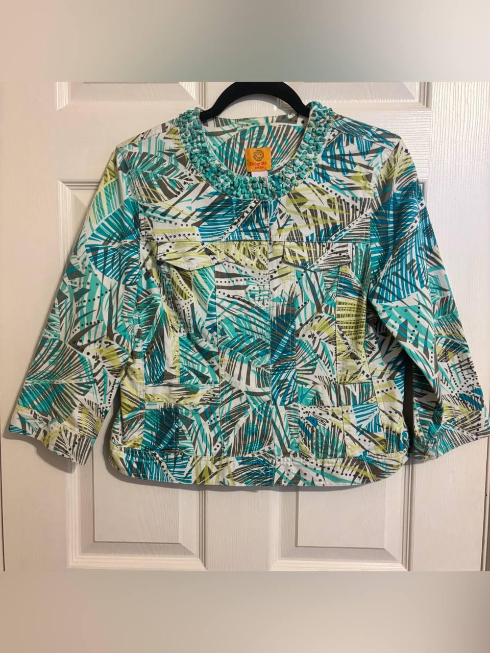 Ruby Rd. Leaf-Print Smocked Neck Tunic - Teal, Lime & White 12P